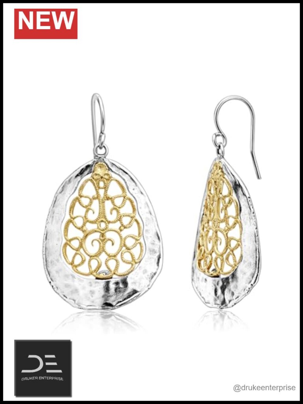 Two Tone Sterling Silver & 14K Gold Plated Teardrop Lace Dangle Earrings